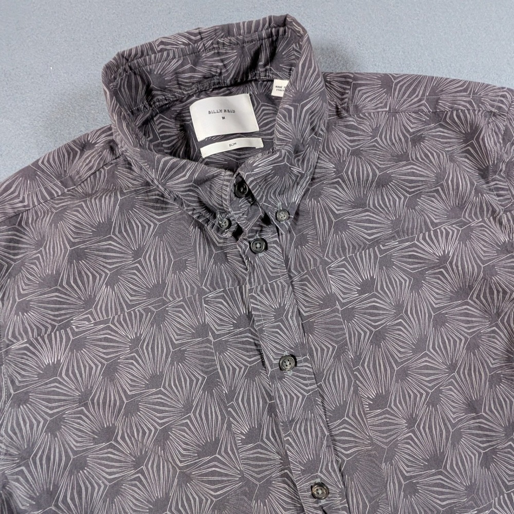Billy Reid Button Down Shirt Mens Medium Slim Grey Geometric Print Made in Italy
